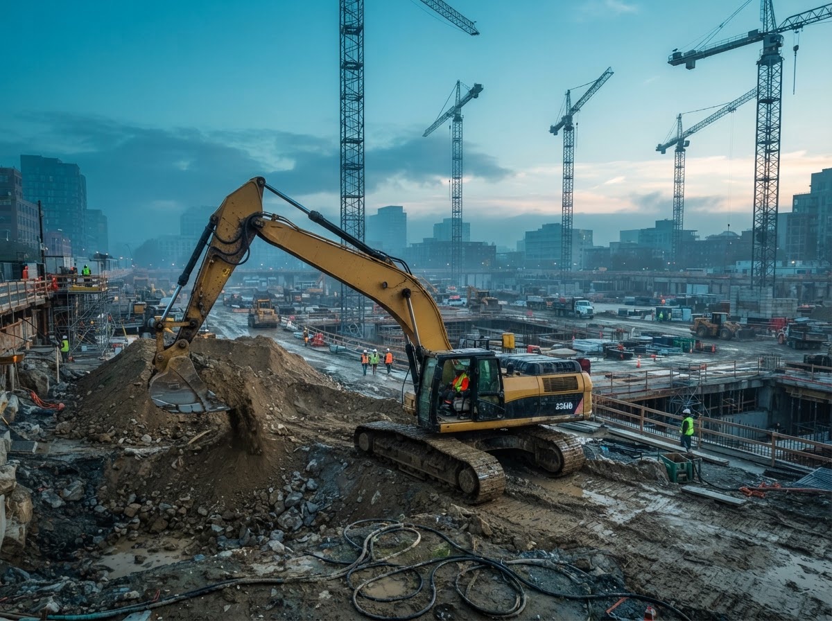 Excavator working on a construction site with cranes behind