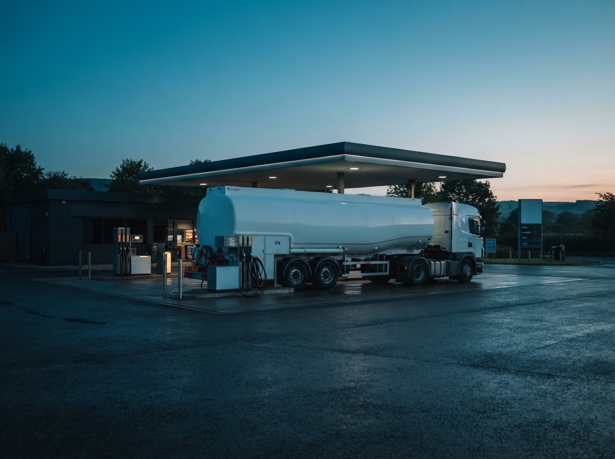Fuel tanker truck at a petrol station