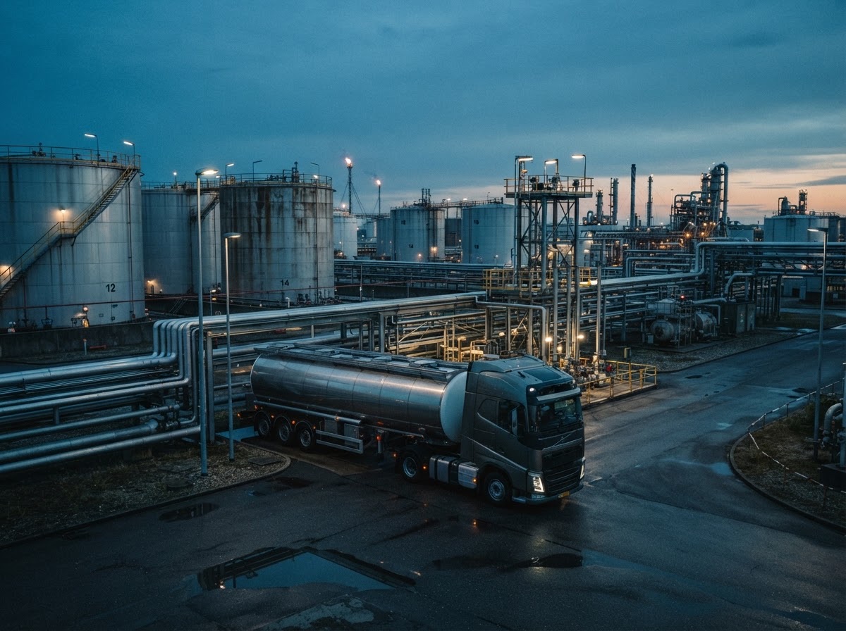 Tanker truck at an oil terminal at dusk