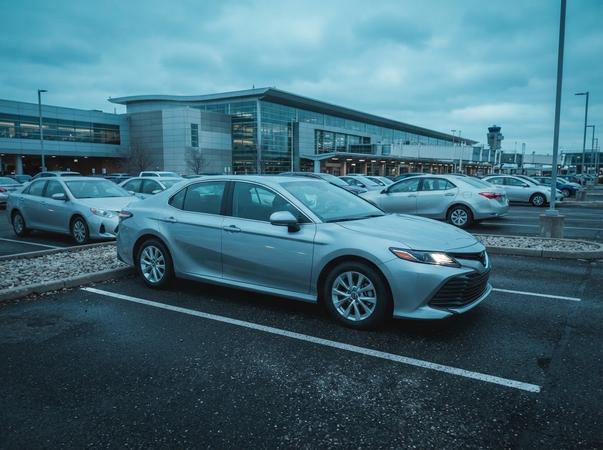 Silver sedan parked next to an airport terminal