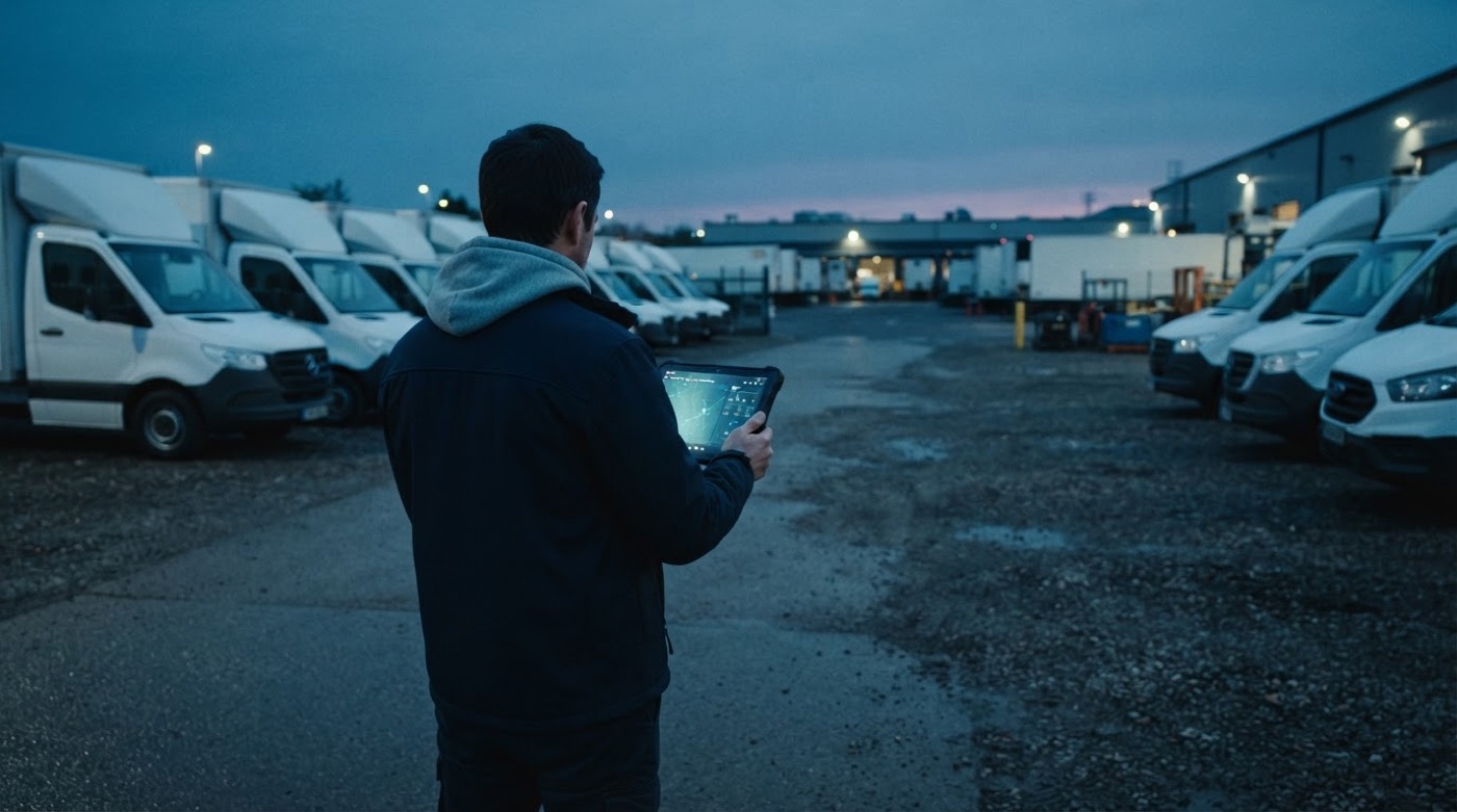 Fleet manager holding a tablet in a logistics yard at dusk